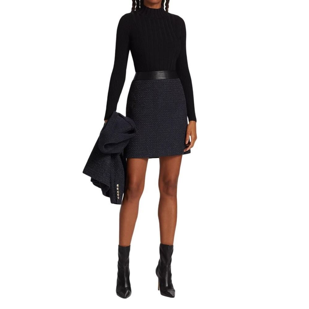 NEW Elie Tahari Faux Leather-Trimmed Tweed Miniskirt Navy Metallic Black Size 10